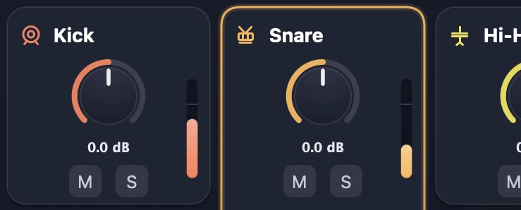 Stem mixer channels: gain, mute, solo per drum