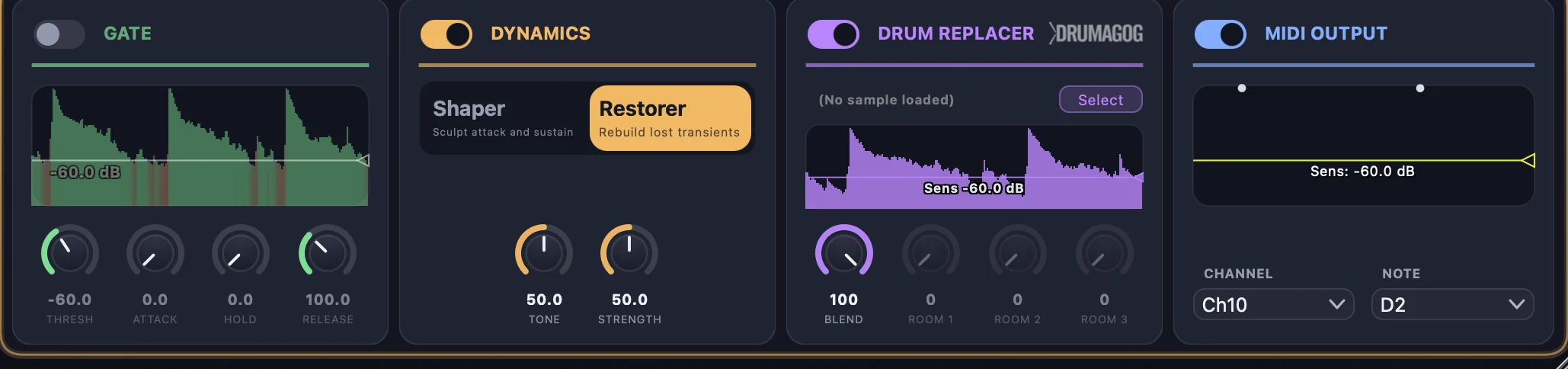 The per-stem rack: Gate, Dynamics, Drum Replacer, MIDI Output