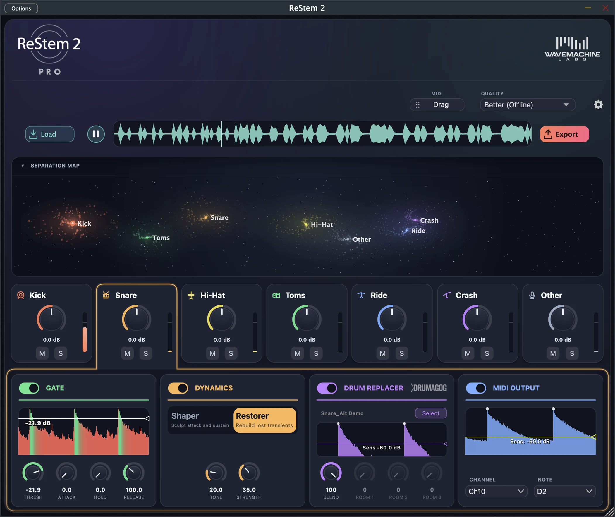 The ReStem 2 standalone app with a processed file